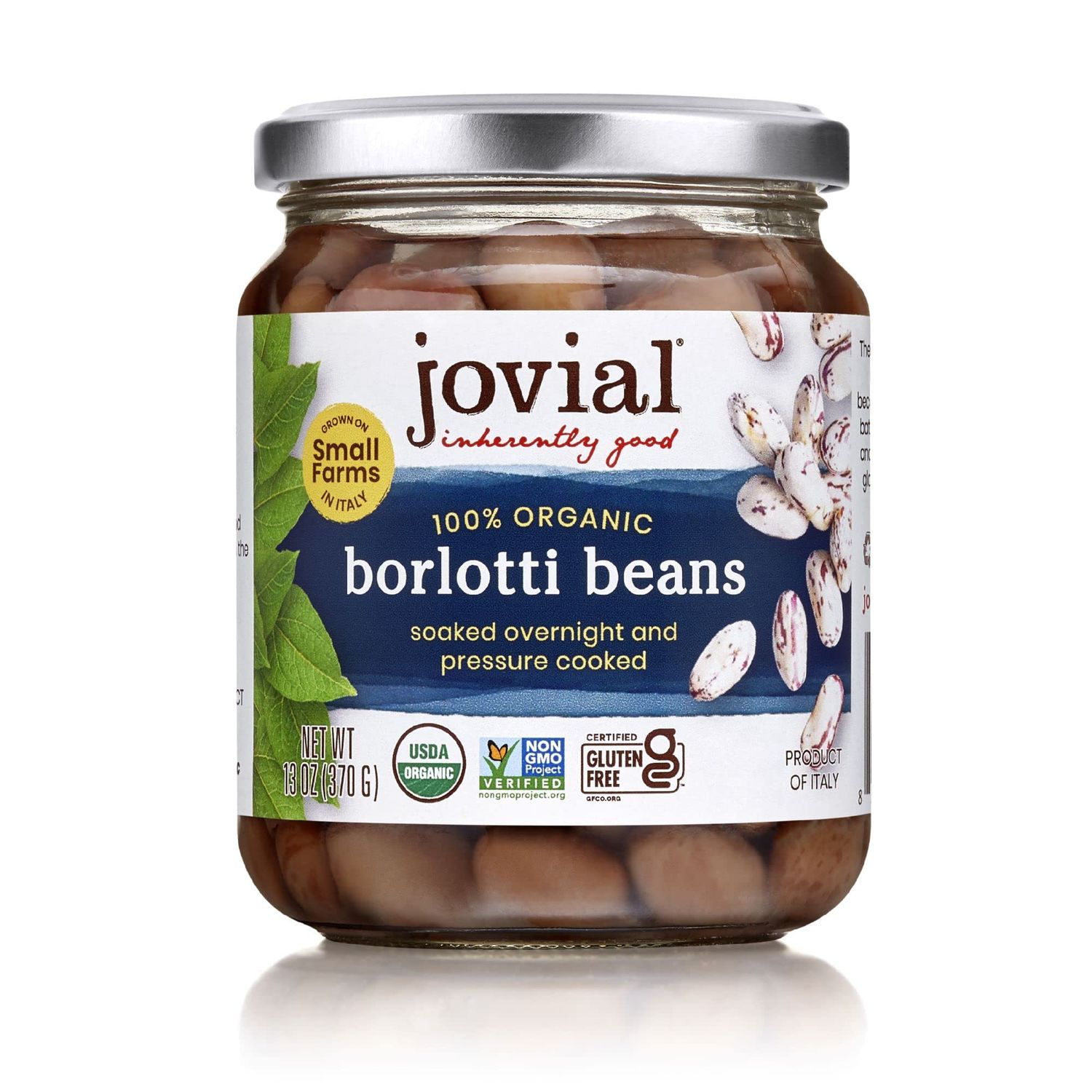 Jovial 100% Organic Borlotti Beans - Borlotti, Organic Borlotti, No Saturated Fat, Gluten Free, Recyclable Glass, Great Source of Fiber, No Additives or Preservatives, Product of Italy - 13 Oz