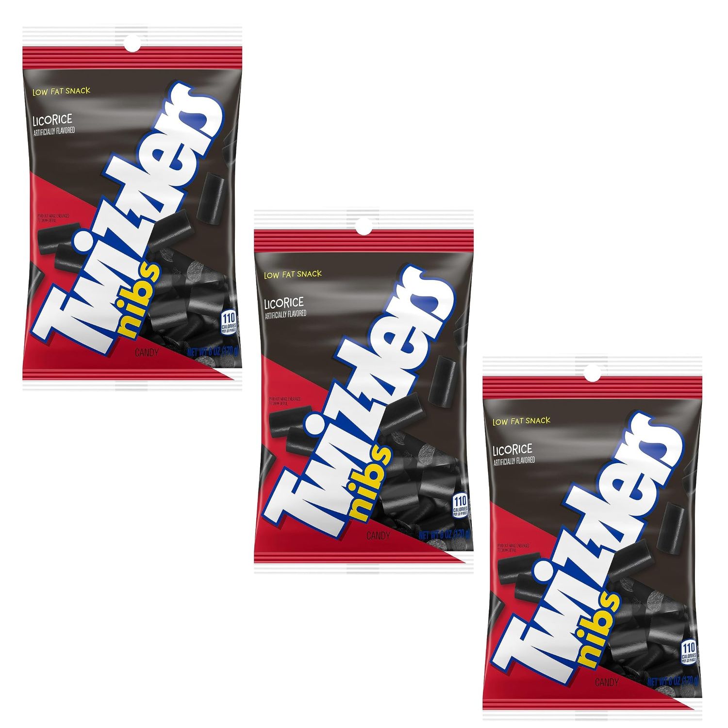 Twizzlers Nibs Licorice Flavored Chewy Candy - Low Fat Snack - 6oz bags - Pack of 3 - Fun to eat and share