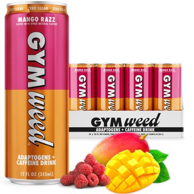 GYM WEED Caffeine + Adaptogen Drink with 200mg Caffeine from Green Tea, Ashwagandha, Lions Mane Mushroom, L Theanine, B Vitamins, and Electrolytes, Zero Sugar Drinks, Mango Razz, 12 Pack