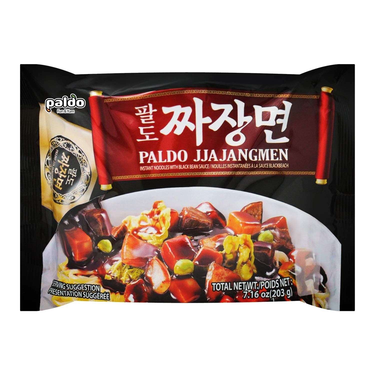 Paldo Fun &amp; Yum Jjajangmen Instant Noodles, Pack of 4, Brothless Chajang Ramen with Savory &amp; Sweet Black Bean Sauce, Oriental Style Korean Ramyun, Soupless K-Food, 203g x 4