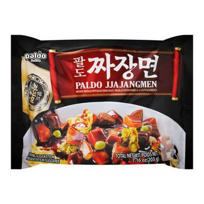 Paldo Fun &amp; Yum Jjajangmen Instant Noodles, Pack of 4, Brothless Chajang Ramen with Savory &amp; Sweet Black Bean Sauce, Oriental Style Korean Ramyun, Soupless K-Food, 203g x 4