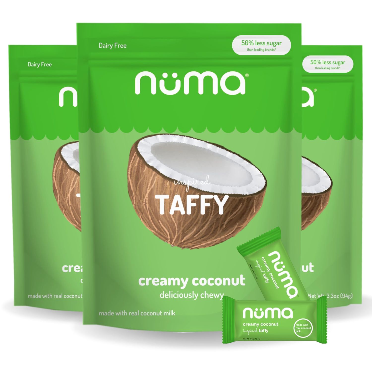Numa Foods Creamy Coconut Taffy Candy - Dairy Free, Low Sugar Candy - Low Calorie &amp; All Natural Chewy Snack with Real MCT-Rich Coconut Milk, Gluten Free - 3 Bags with 8 Individually Wrapped Chews Each