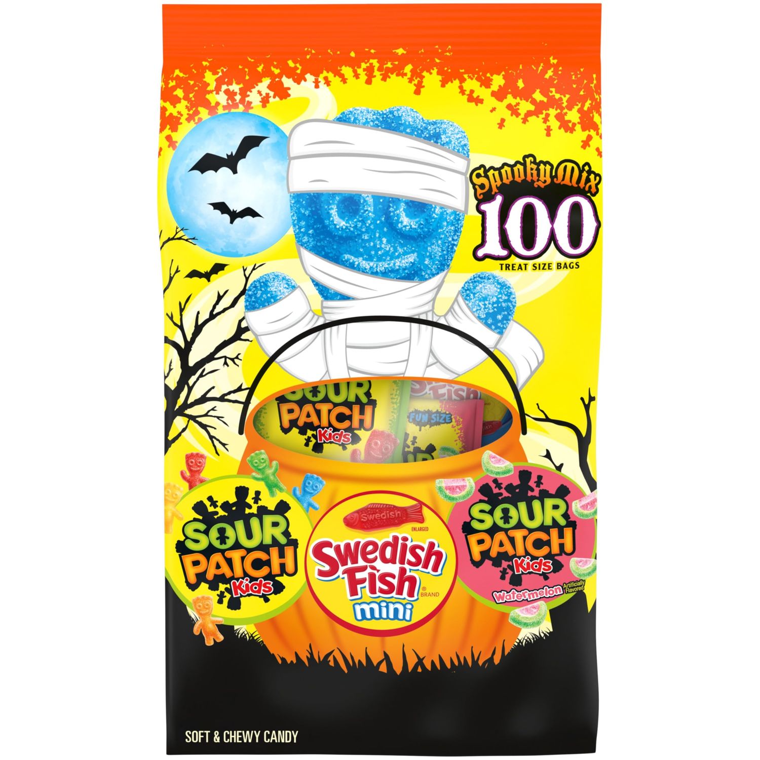 SOUR PATCH KIDS &amp; SWEDISH FISH Mini Halloween Candy Variety Pack, Bulk Candy, 100 Trick or Treat Bags