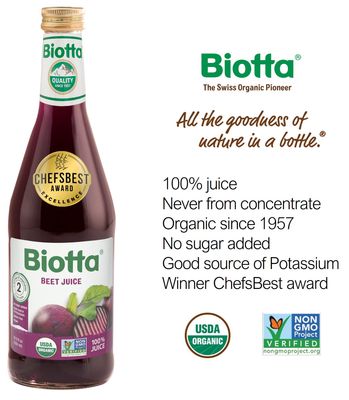 Biotta Organic Beet Juice - 100% Natural Beetroot Superfood - Helps Support Blood Pressure, Brain, Stamina &amp; Energy - Natural Nitric Oxide &amp; Potassium Booster - Gluten Free (16.9 Fl Oz, Pk of 6)