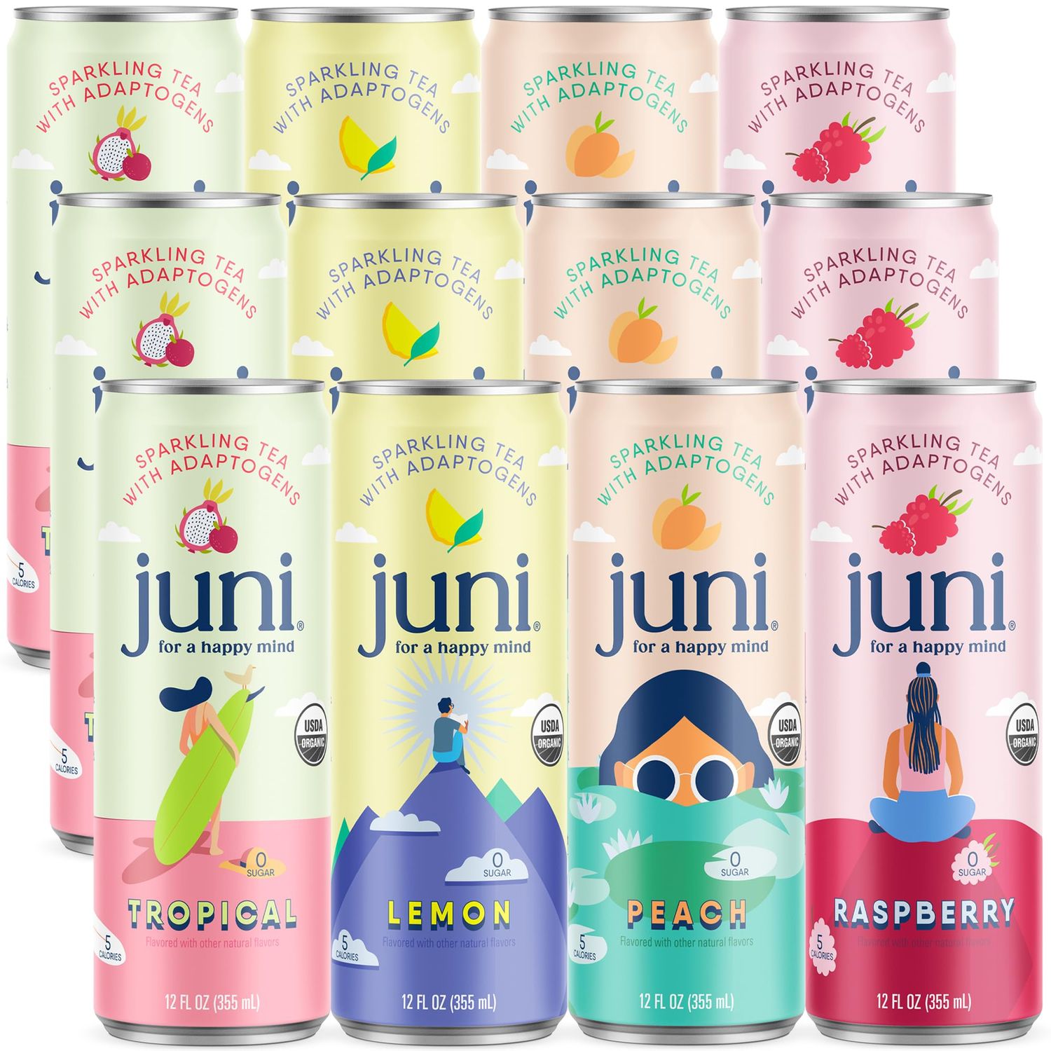 Juni Sparkling Tea with Adaptogens, Zero Sugar, 5 Calories, Organic, Iced Tea, Natural Caffeine from Green Tea, Vegan, Adaptogen Drink, 12 Fl Oz Cans, Variety Pack (12-Pack)
