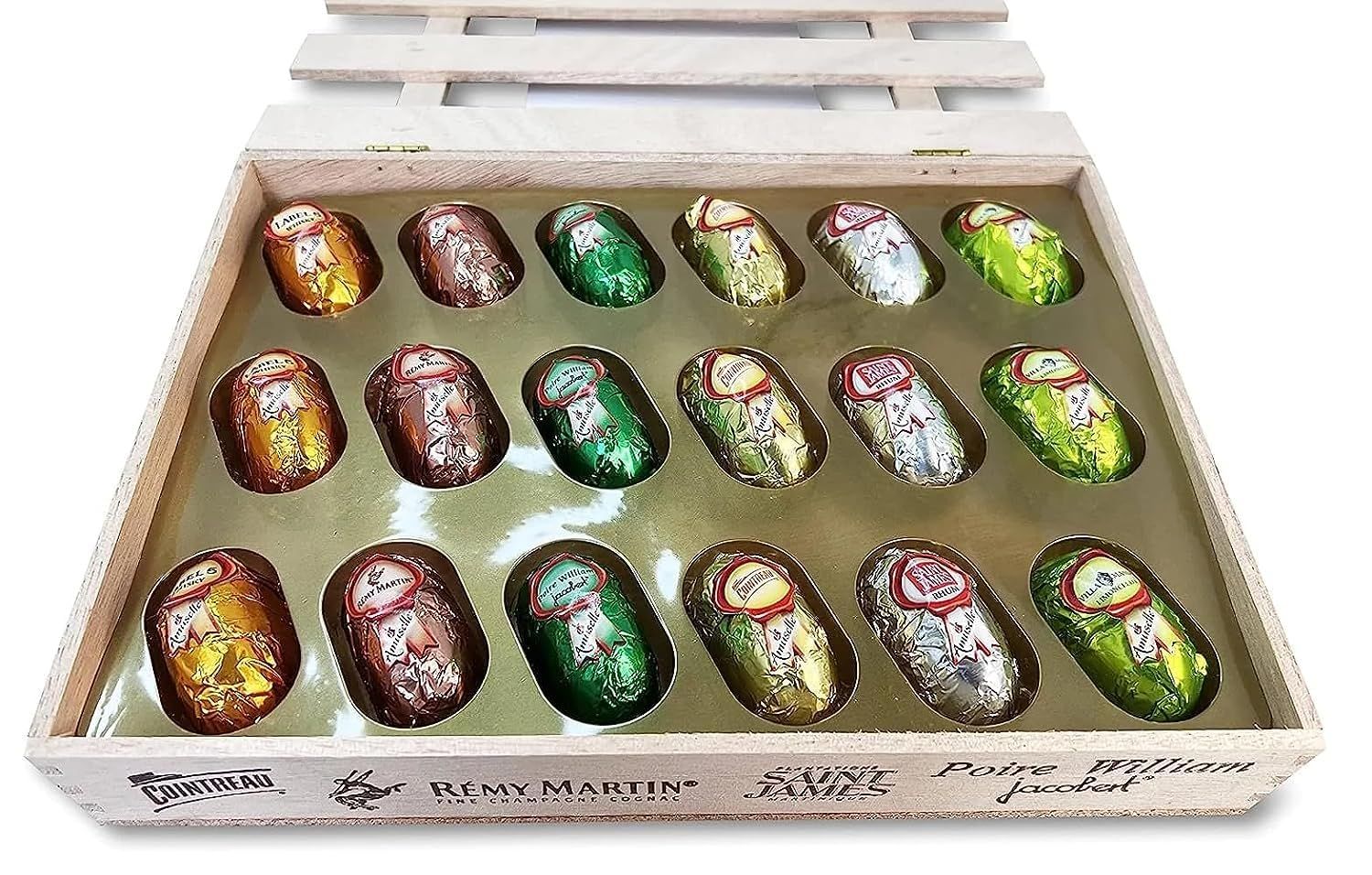 Andy Anand European liqueur Flavored Dark Chocolate Bottles, Assortment Of Premium Selection, Filled with Top-Shelf liquor, Packed in a Wooden Gift Box - 18 Count