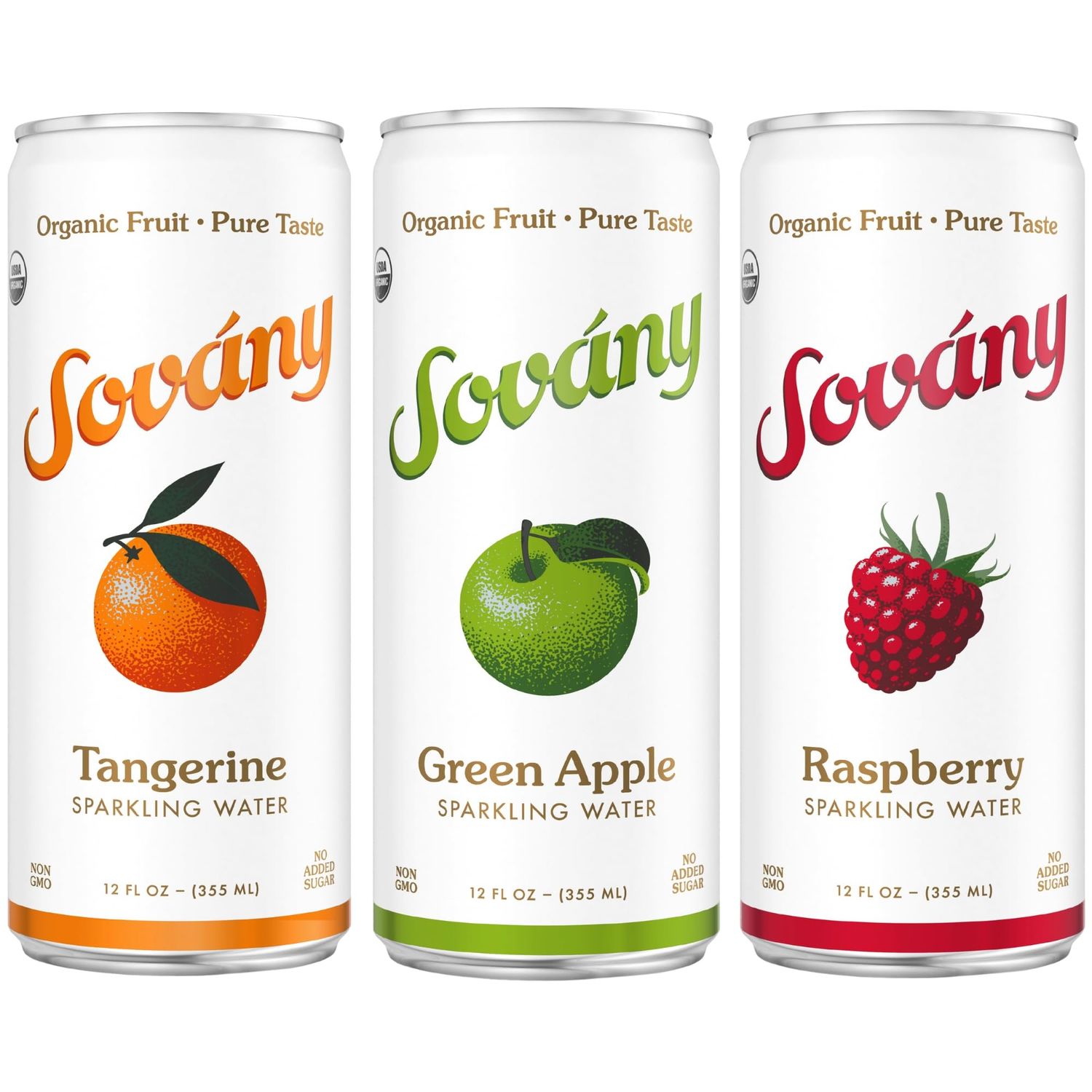 SovÃƒÂ¡ny Flavored Sparkling Water Variety Pack Seltzer Water Drinks USDA Organic Made With Real Fruit NonGMO Vegan No Added Sugar Low Calorie Tangerine Raspberry  Green Apple 12 fl oz 12 Pack