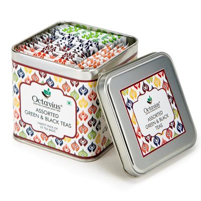Octavius Tea Variety Pack | 6 Assorted Black &amp; Green Teas | 25 Teabags | Tea Sampler Pack | Pack of 1