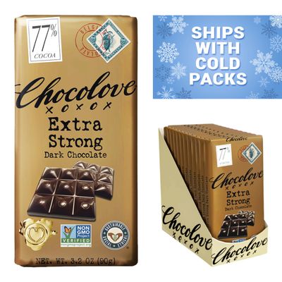 Chocolove Extra Strong Dark Chocolate Bars | 77% Cocoa | Strong &amp; Smooth Belgian Dark Chocolate | Rainforest Alliance Certified, Non-GMO, 3.2 oz Bar (12 Pack)