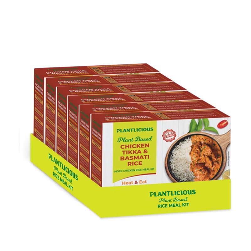 Plantlicious Ready to Eat Plant based Meals Chicken Tikka &amp; Basmati Rice Pack of 6, 12.34 Ounce - Pre-packaged Lunch or Dinner Microwavable Meal Box Ready in 90 Seconds