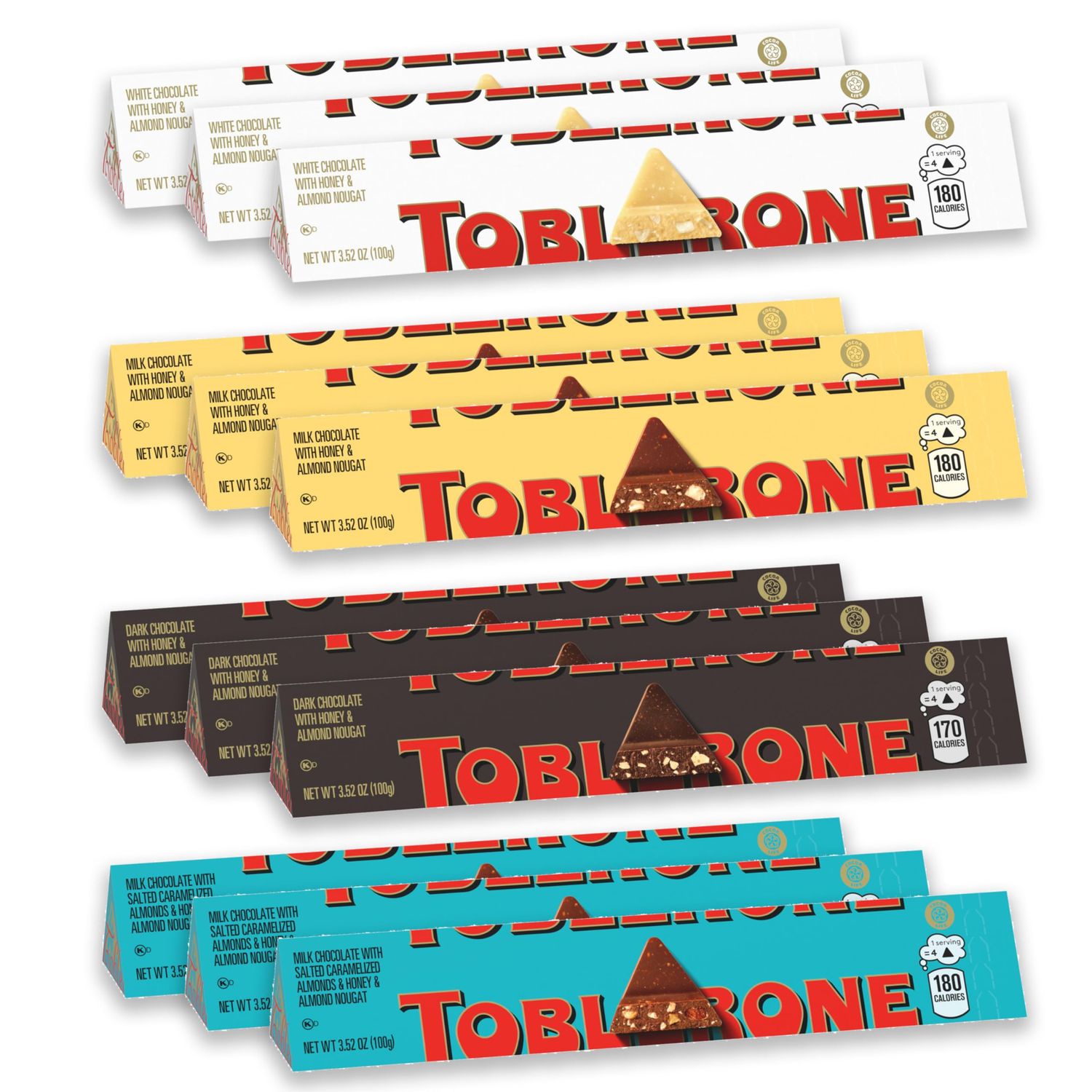 Toblerone Chocolate Variety Pack (Milk Chocolate, Dark Chocolate, White Chocolate, &amp; Milk Chocolate with Salted Caramelized Almonds), 12 - 3.52 oz Bars