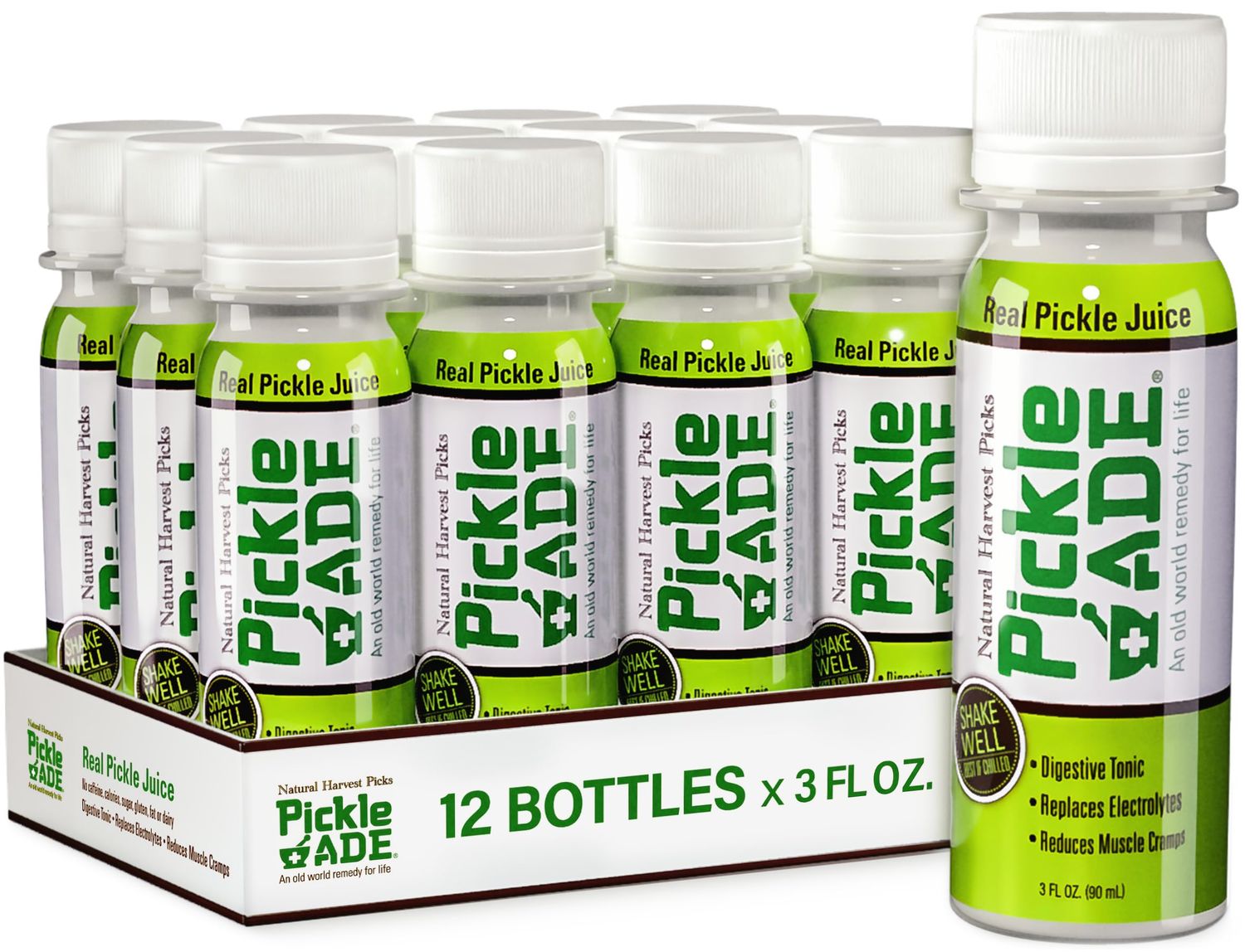 PickleAde Real Pickle Juice Shots with Turmeric, 3oz (12 Pack) | Electrolyte Pickle Juice Sports Drink | Kosher Pickle Shots | Pickle Brine for Muscle and Leg Cramp Relief