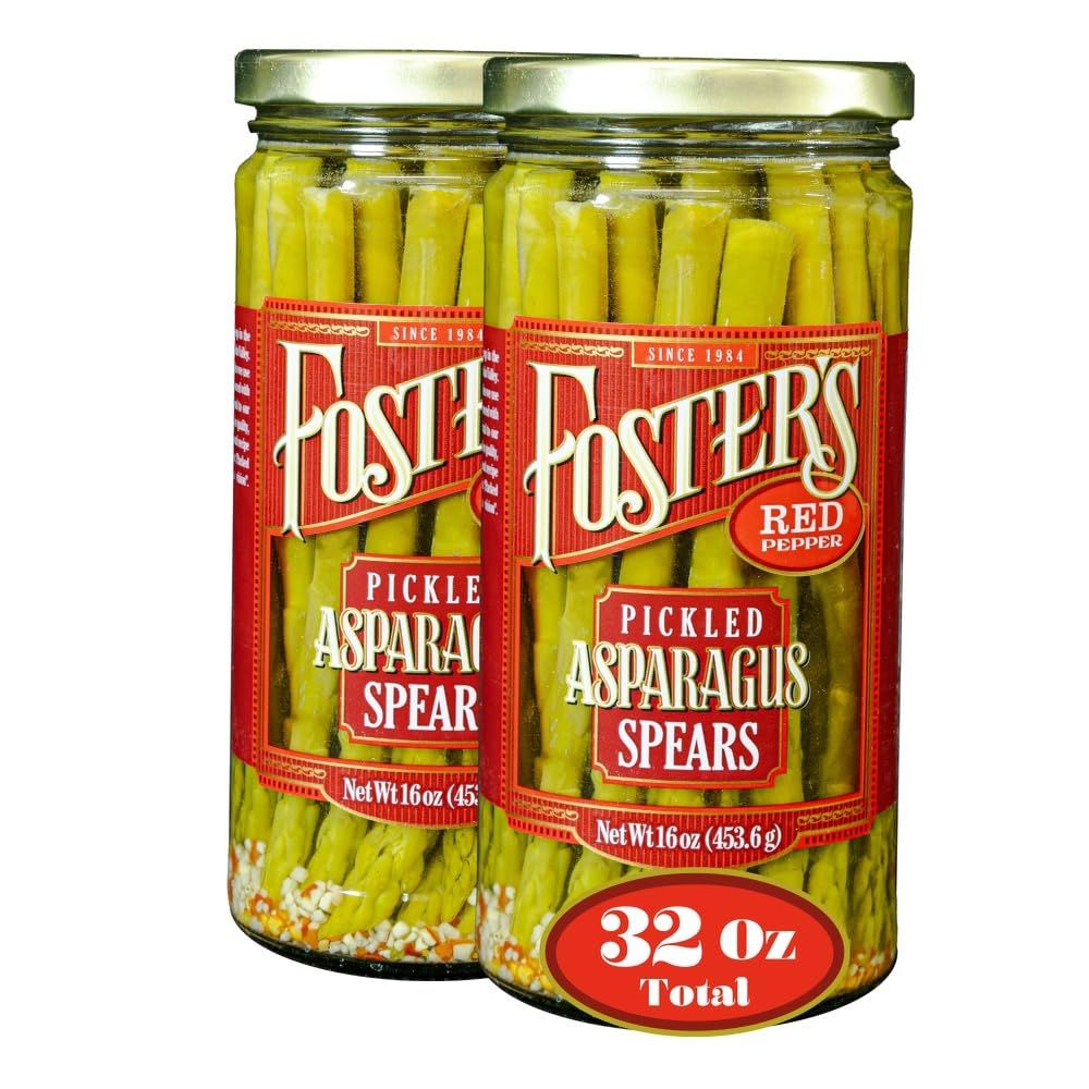 Foster&#39;s Pickled Asparagus- Red Pepper- 16oz (2 Pack)- Pickled Asparagus Spears in a Jar- Traditional Pickled Recipe- Gluten Free- Fat Free Pickled Asparagus Spicy- Preservative Free Fresh Pickles