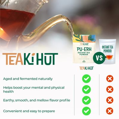 TEAki Hut Instant Pu-erh Tea Powder, 4 oz, Low-Carb, Low-Calorie Powdered Pu'erh Tea for Hot and Cold Tea Beverages, Instant Tea Powder for Lattes, Smoothies, Cocktails and Baked Goods, 113 Servings