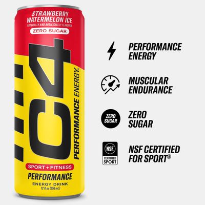 Cellucor C4 Performance Energy Drink | Zero Sugar Carbonated Preworkout Energy | 150mg Caffeine with Beta Alanine | Strawberry Watermelon Ice | 12 Fl Oz (12 Pack)