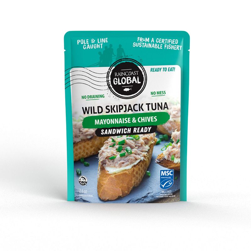 Raincoast Trading Global Wild Skipjack Tuna Pouch Mayo and Chives Wild Caught Pole and Line Certified Sustainable Ready To Eat No Draining No Mess - Pack of 6 2.6oz Pouches