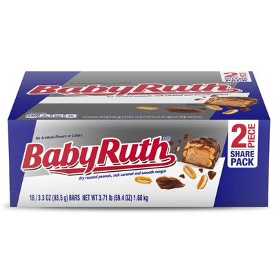 Baby Ruth, Chocolatey, Peanut, Caramel, Nougat, Share Size Individually Wrapped Candy Bars, 3.3 oz each, Bulk 18 Pack