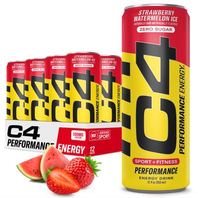 Cellucor C4 Performance Energy Drink | Zero Sugar Carbonated Preworkout Energy | 150mg Caffeine with Beta Alanine | Strawberry Watermelon Ice | 12 Fl Oz (12 Pack)