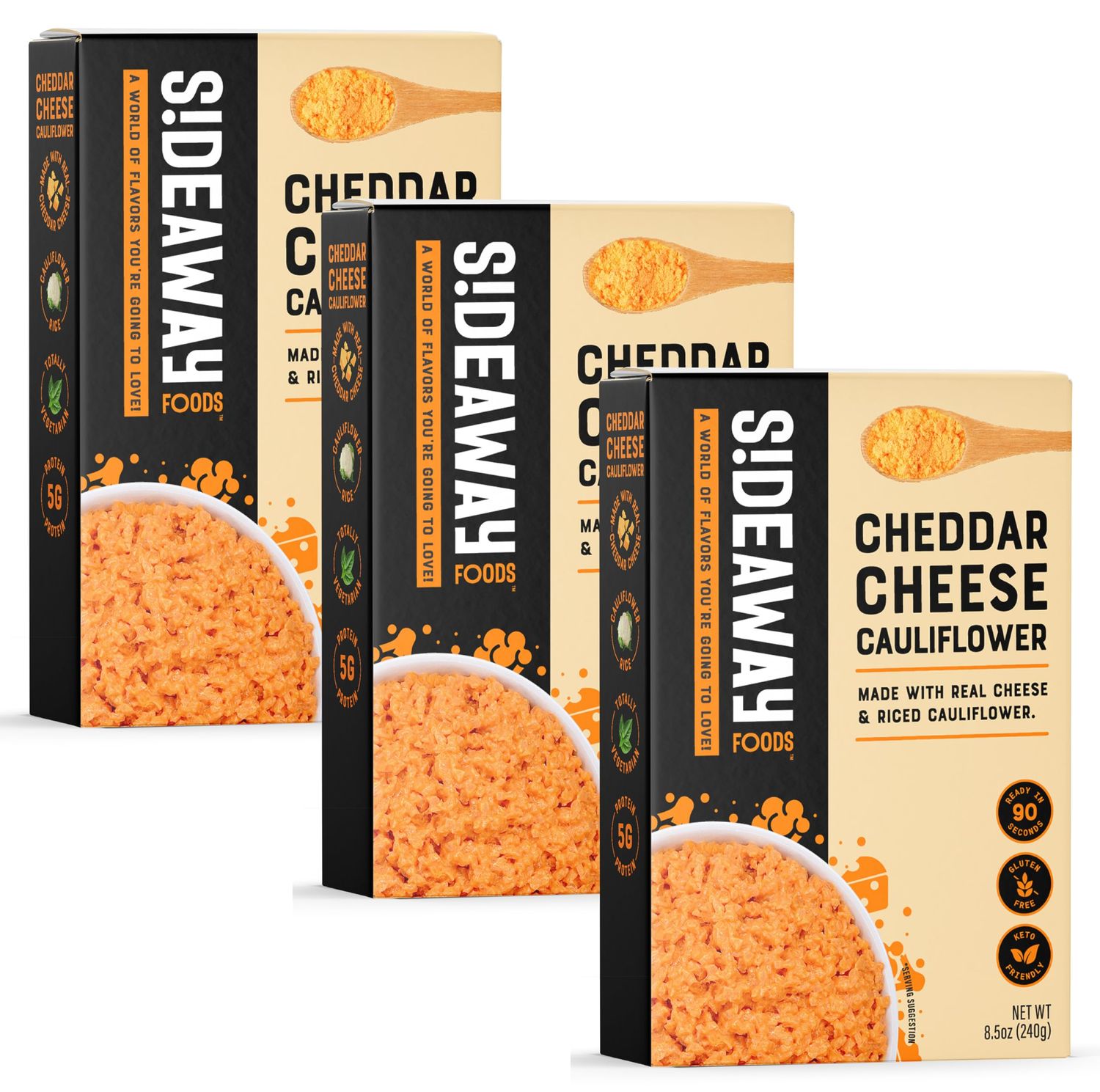 Sideaway Foods Cauliflower with Cheddar Cheese Blend, 8.5oz (Pack of 3), Gluten Free, Keto Friendly, Shelf Stable Food, Heat &amp; Serve, Quick and Convenient, Pantry Stuffer