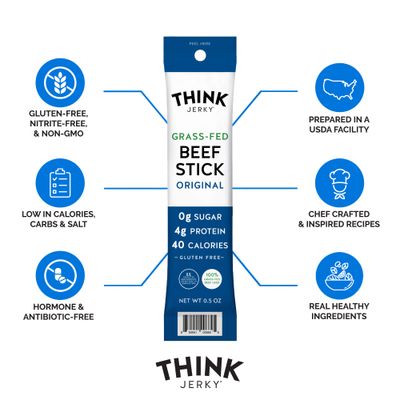 Think Jerky, Original Grass-Fed Beef Sticks (0.5 Ounce Sticks, Pack of 20 Sticks) - Sugar Free, Gluten Free, Non GMO, No Nitrates, Keto Friendly, Paleo, High Protein, Low Carb