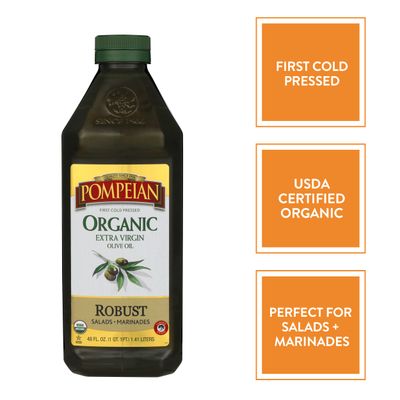 Pompeian USDA Organic Robust Extra Virgin Olive Oil, First Cold Pressed, Full-Bodied Flavor, Perfect for Salad Dressings &amp; Marinades, 48 FL. OZ.