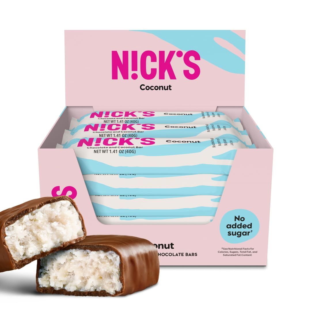 NICKS Coconut Keto Chocolate Candy Bars No Added Sugar 160 Calories, 3.0 Net carbs, Gluten Free Sweets Low carb Candy Snack Bar (Multipack 15x40g)