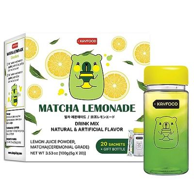 KAYFOOD Matcha Lemonade Premium Korean Green Tea &amp; Lemon Juice Powder mix 0.1oz/5g x 20 stick packs (3.53oz/100g) with Gift Bottle Sugar Free Diet macha green tea ade matchamix