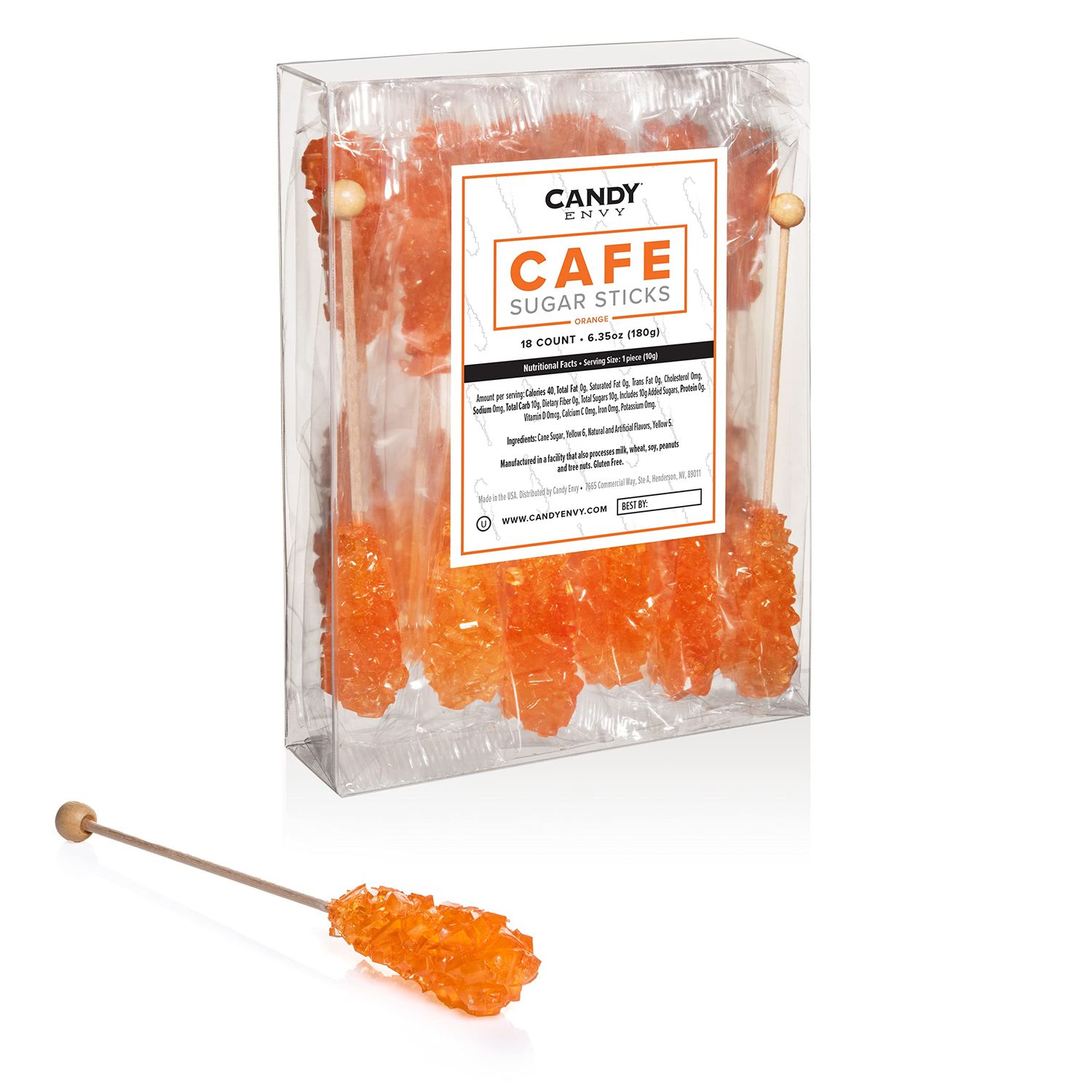 Candy Envy - 18 ct Orange Cafe Sugar Sticks Rock Candy - Individually Wrapped - Orange Flavored