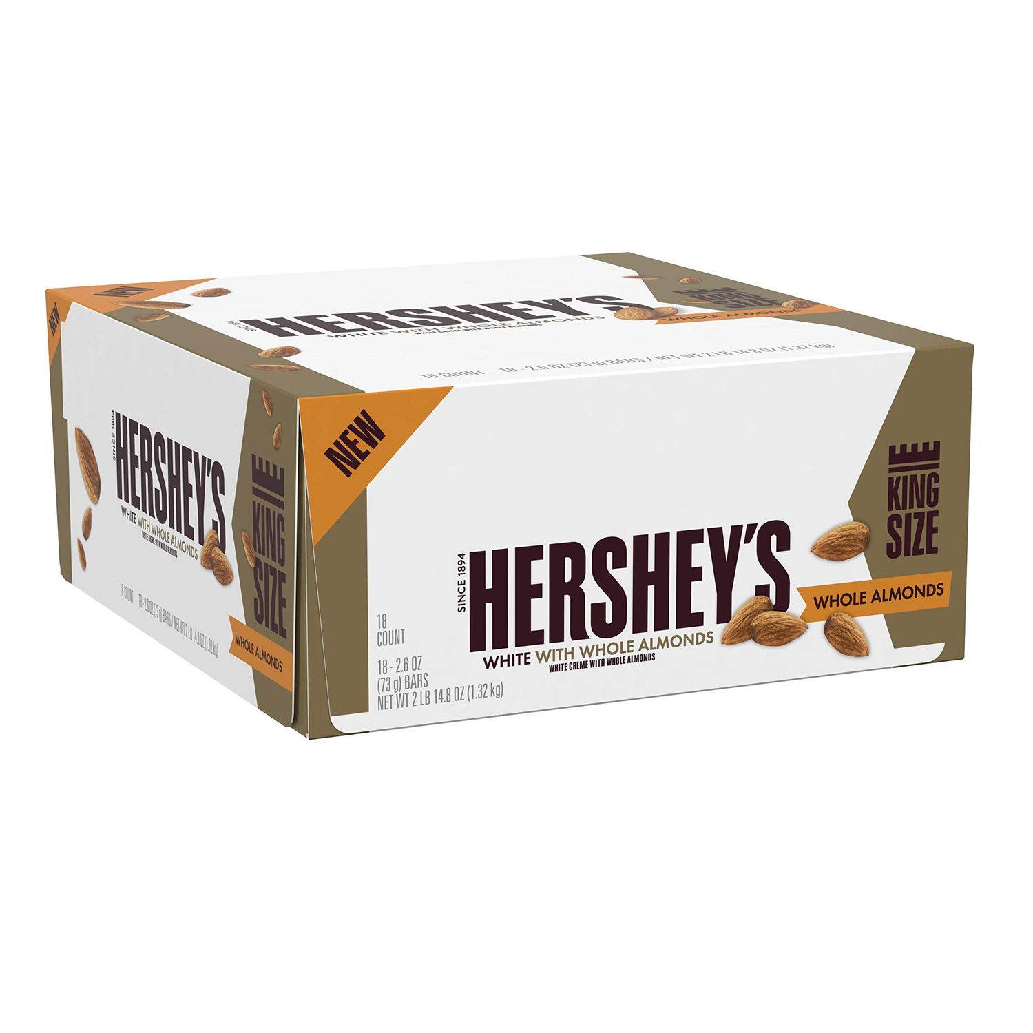 HERSHEY&#39;S White Creme with Whole Almonds King Size Candy, Individually Wrapped, 2.6 oz Bars (18 Count)