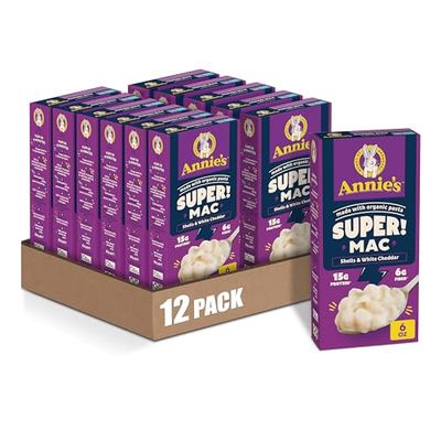 Annie&#39;s Super! Mac, Protein Macaroni And Cheese Dinner, Shells &amp; White Cheddar, 6 oz. (Pack of 12)