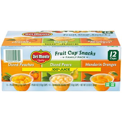 Del Monte Fruit Cups Variety Pack, Diced Peaches, Diced Pears, Mandarin Oranges, 4oz (12 Count) | 100% Juice, Lunch Snacks, Fruit Cups