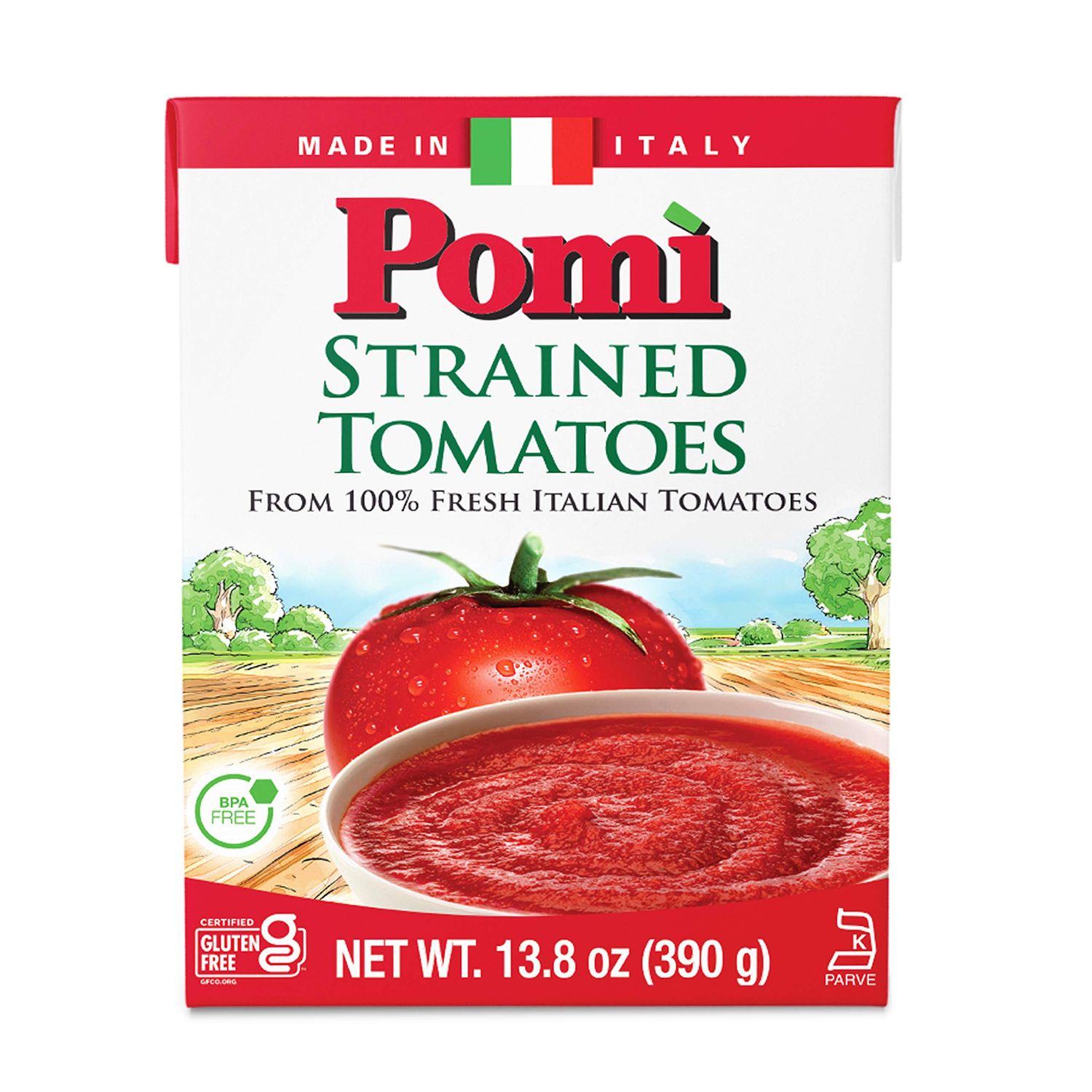 Pom Strained Tomatoes - Creamy, Velvety Italian Tomato Puree, No Additives or Preservatives - BPA free Pureed Tomatoes Made from 100% Fresh Italian Tomatoes - 13.8oz Carton (Pack of 12)