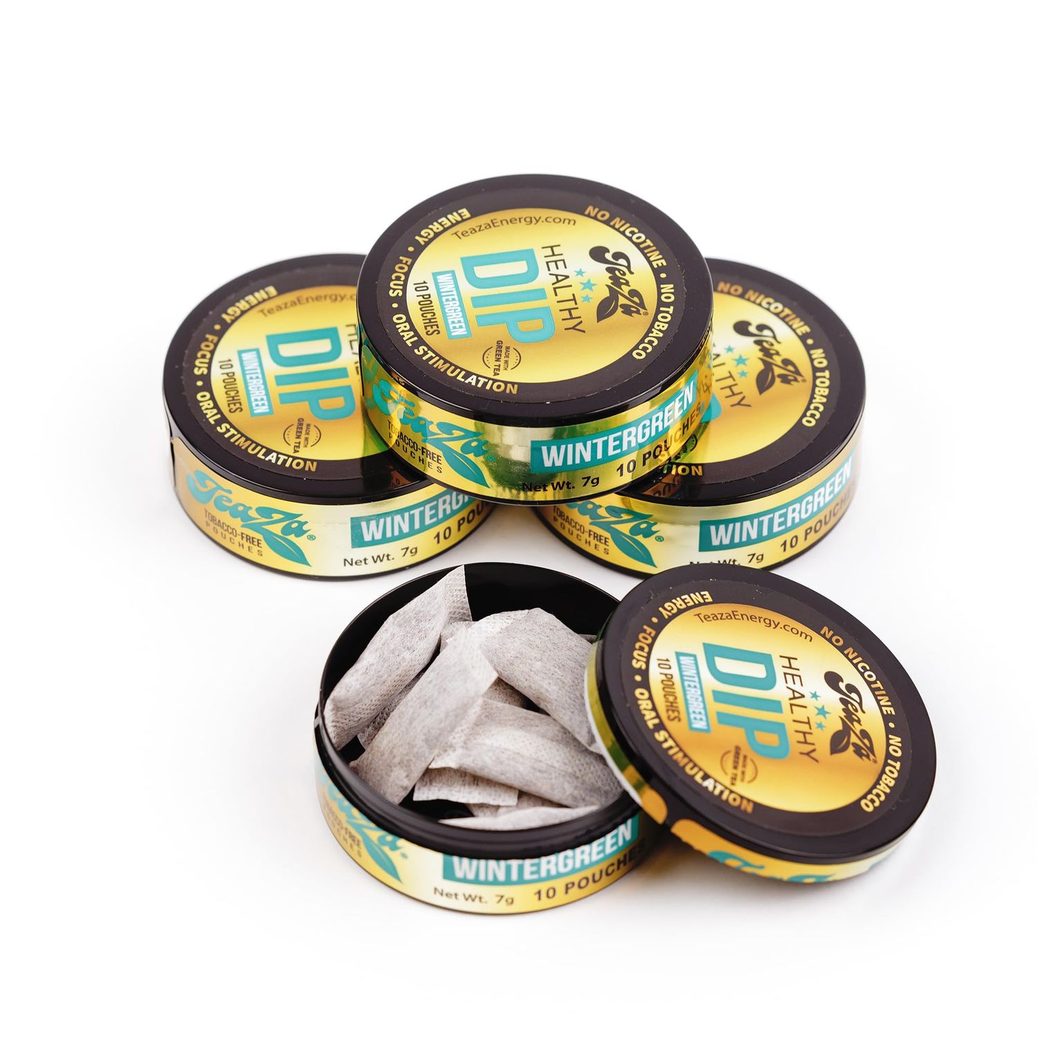 TeaZa Herbal Energy Pouches Wintergreen with Caffeine, Smokeless Alternative Pucks Nicotine Free and Tobacco Free Herbal Snuff, Great Tasting &amp; Refreshing Tobacco Alternative (4 Pack)