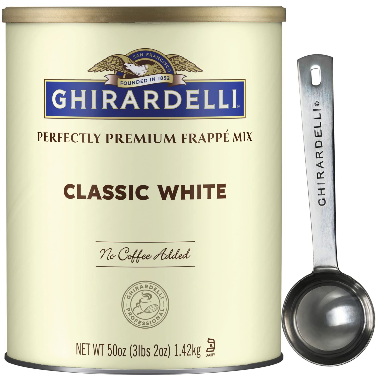 Ghirardelli Classic White Premium Frapp Mix, 3.12 lb Can with Ghirardelli Stamped Barista Spoon