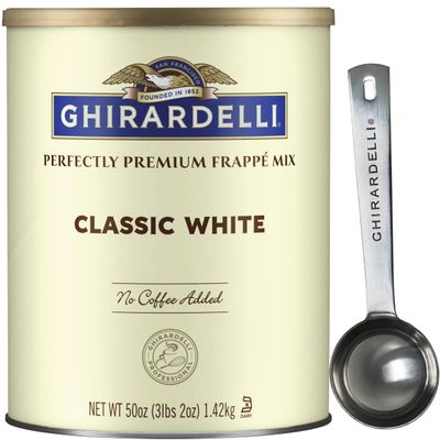 Ghirardelli Classic White Premium Frapp Mix, 3.12 lb Can with Ghirardelli Stamped Barista Spoon