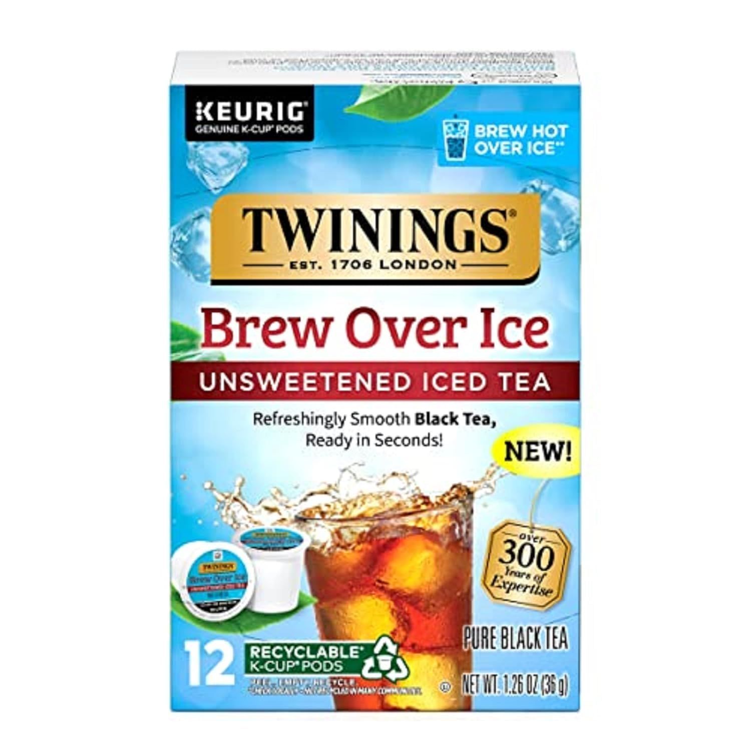 Twinings Brew Over Ice Unsweetened Black Iced Tea K-Cup Pods for Keurig, Caffeinated - 12 Count