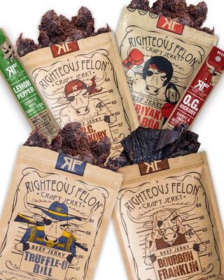Righteous Felon Savory Beef Jerky Variety Gift Pack - Great Gifts for Men | Gluten Free, High Protein Healthy Snack | Bulk Beef, Pork, &amp; Turkey Jerky Variety Snack Packs | The Savory 6 Pack Sampler