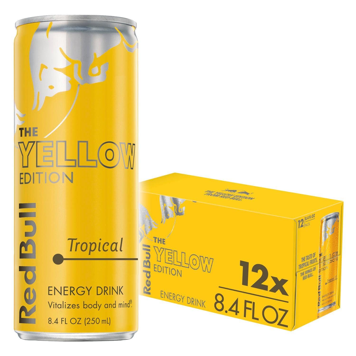 Red Bull Yellow Edition Energy Drink, Tropical, with 80mg Caffeine plus Taurine &amp; B Vitamins, 8.4 Fl Oz, Pack of 12 Cans