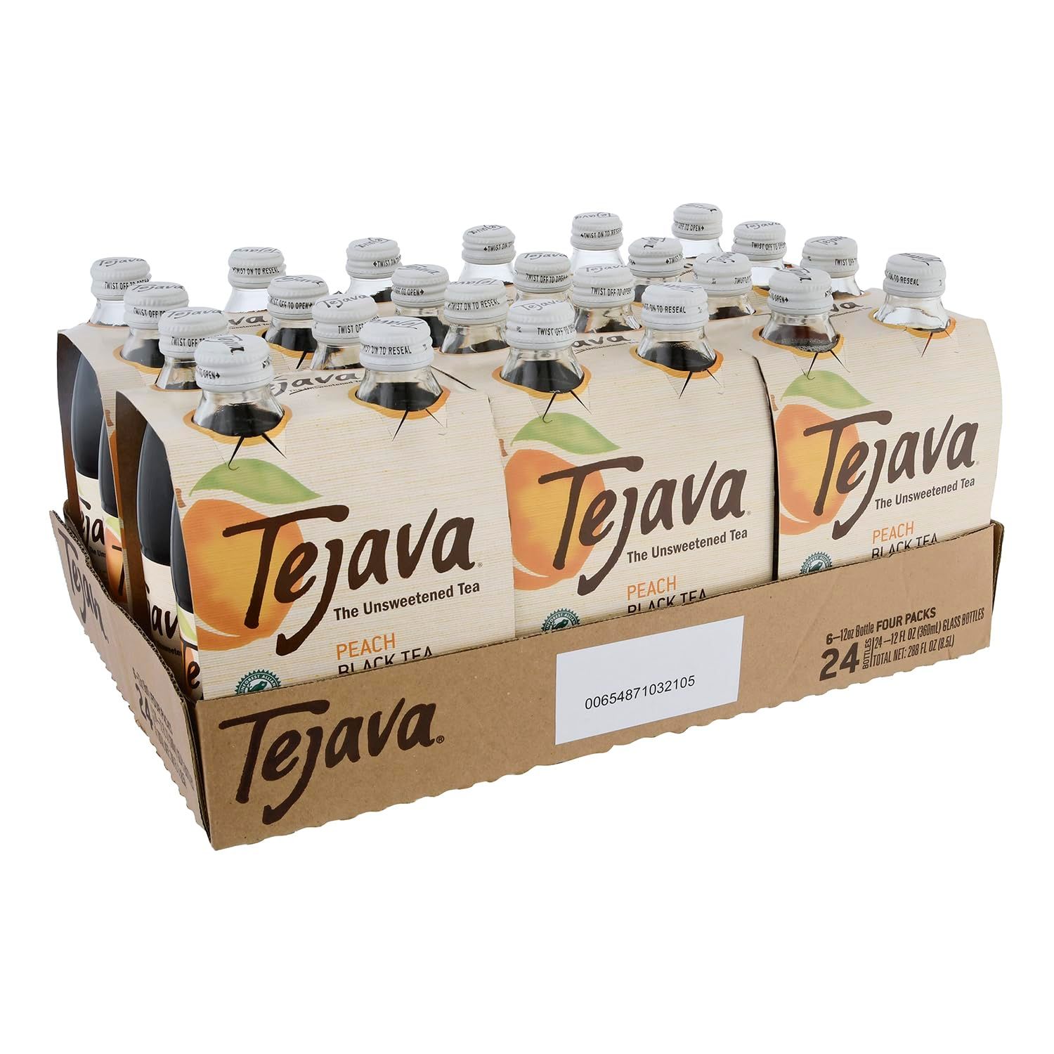 Tejava Peach Black Iced Tea, 24 Pack, 12oz Glass Bottles, Unsweetened, Non-GMO, Kosher, No Sugar or Sweeteners, No calories, No Preservatives, Brewed in Small Batches