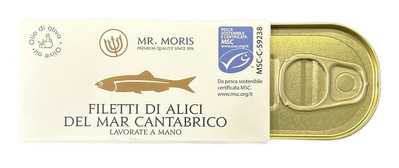 Mr. Moris | Anchovy Fillets from Cantabrian Sea in Olive Oil | Handmade Anchovies fillets | Kosher | MSC certified for sustainable fishing | Premium box | 50g 1.76 Oz