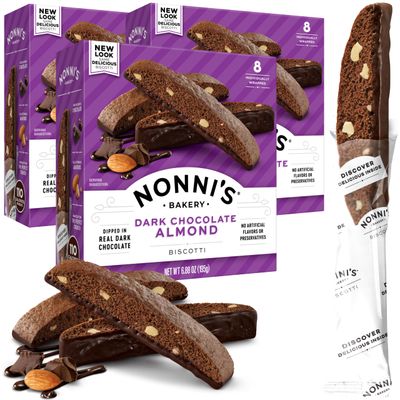 Nonni&#39;s Dark Chocolate Almond Biscotti Italian Cookies - 3 Boxes Dark Chocolate Cookies - Biscotti Individually Wrapped Cookies - Italian Biscotti Cookies w/Bittersweet Chocolate &amp; Almonds - 6.88 oz