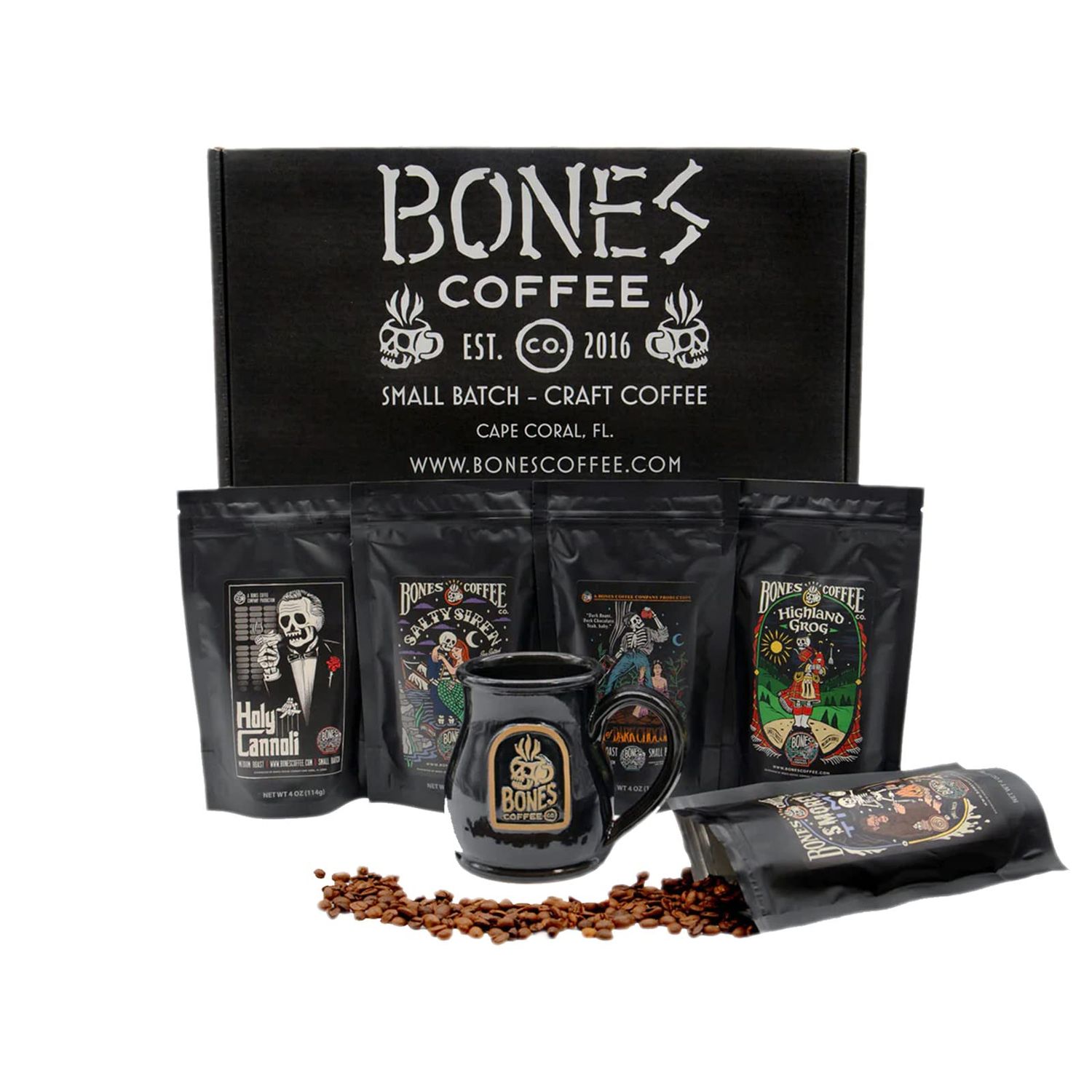 Bones Coffee Company Favorite Flavor Sample Pack with Specialty Mug | 4 oz Pack of 5 Assorted Flavor Whole Coffee Beans | Medium Roast Coffee Beverages (Whole)