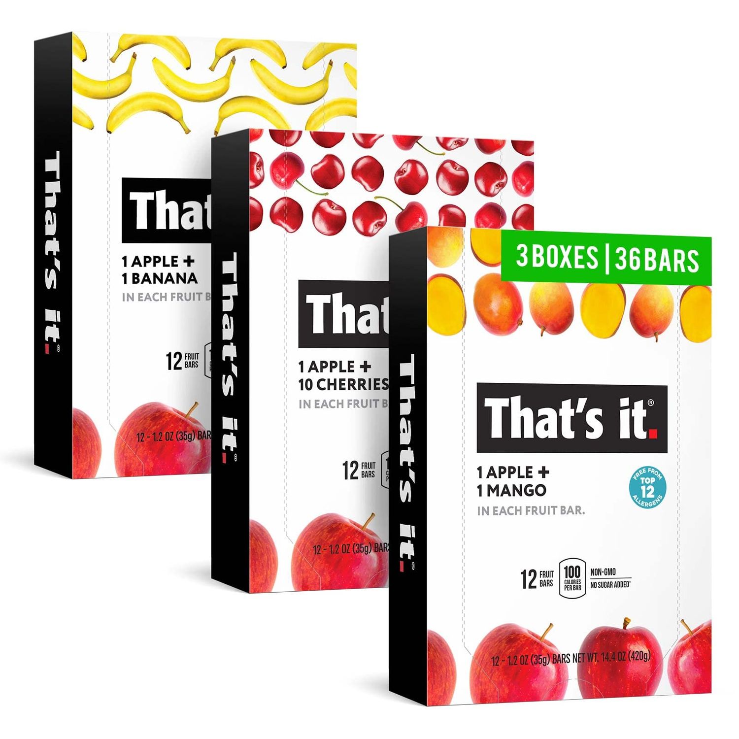 Thats it. Variety, 100% Natural Real Fruit Bar, High Fiber Vegan, Gluten Free Healthy Snack, Paleo for Children &amp; Adults, Non GMO No Added Sugar, (Mango, Cherry, Banana) (36 Pack)