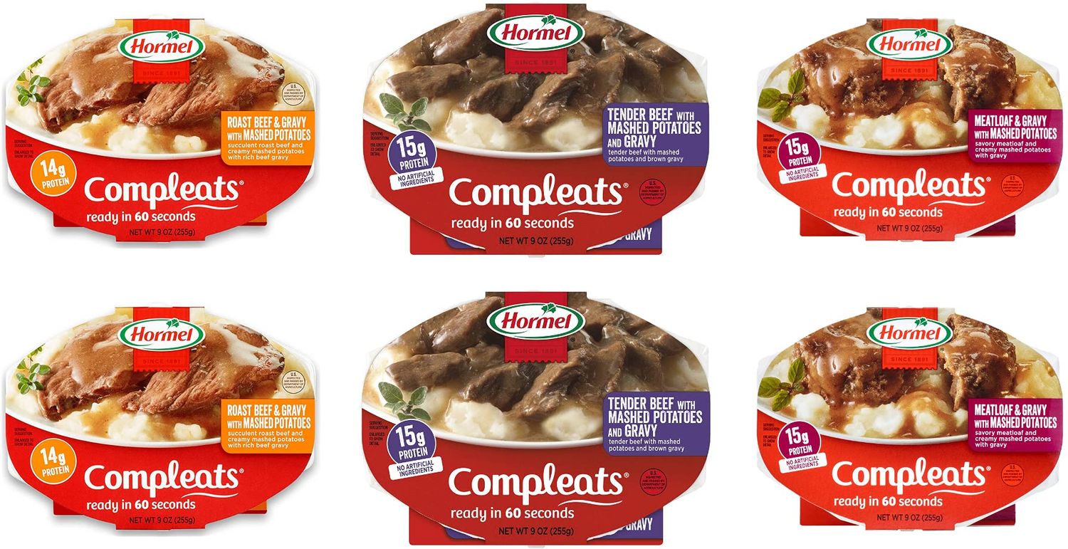 Hormel Compleats Beef Bundle - Roast Beef &amp; Mashed Potatoes with Gravy, Meatloaf &amp; Gravy with Mashed Potatoes, Tender Beef with Mashed Potatoes and Gravy - 2 each