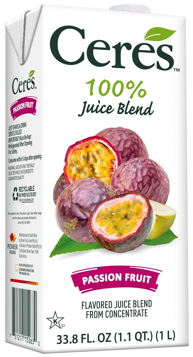 Ceres 100% All Natural Pure Fruit Juice Blend, Passion Fruit - Gluten Free, Rich in Vitamin C, No Added Sugar or Preservatives, Cholesterol Free - 33.8 FL OZ (2)