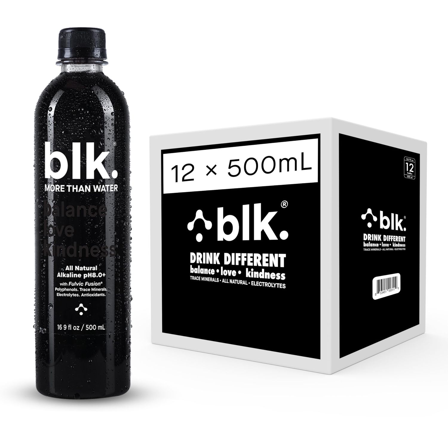 blk. Natural Mineral Alkaline Water, 16.9 oz. (500 mL), 12 Pack, 8 pH Water, Bioavailable Fulvic &amp; Humic Acid Extract, Trace Minerals, Electrolytes to Hydrate, Repair &amp; Restore Cells
