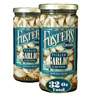 Foster&#39;s Pickled Garlic Cloves- Original- 16oz (2 Pack)- Pickled Garlic in a Jar with Red Pepper - Traditional Pickled Vegetable Recipe for 30 years - Gluten Free, Fat Free, NO Preservatives