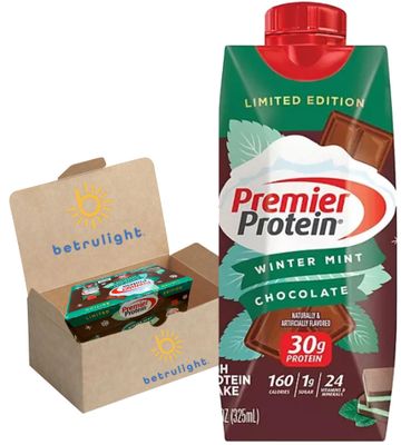 Premier Drinks 30g High Protein Shake, Winter Mint Chocolate - 11 fl. oz., Case of 15 comes in BETRULIGHT Branded Box