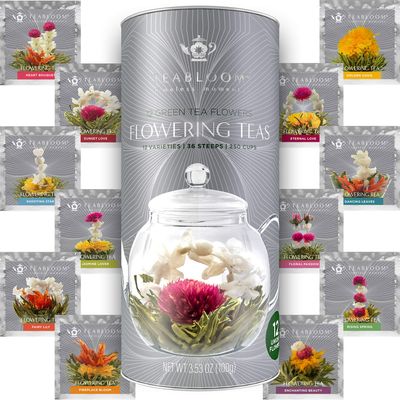 Teabloom Flowering Tea - 12 Unique Varieties of Blooming Tea Flowers - Hand-Tied Green Tea Leaves &amp; Edible Flowers - 12-Pack Gift Canister