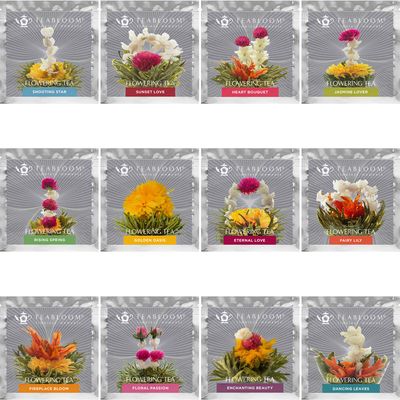 Teabloom Flowering Tea - 12 Unique Varieties of Blooming Tea Flowers - Hand-Tied Green Tea Leaves &amp; Edible Flowers - 12-Pack Gift Canister